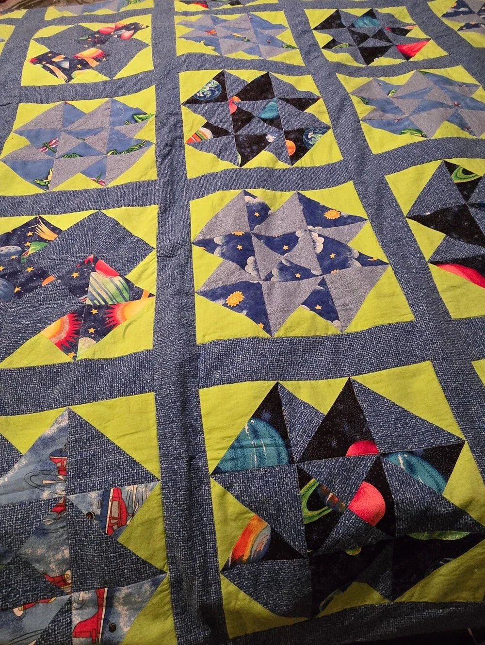 Patchwork COTTON QUILT  FULL/QUEEN SZ BLUE GRN Stars Planets 4 Cards Motif Cabin